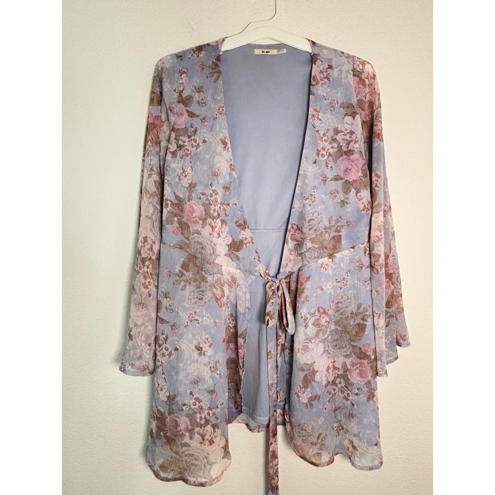 Mi Ami Floral Wrap Romper Blue Pink Rose Print Long Sleeve Tie Waist Small